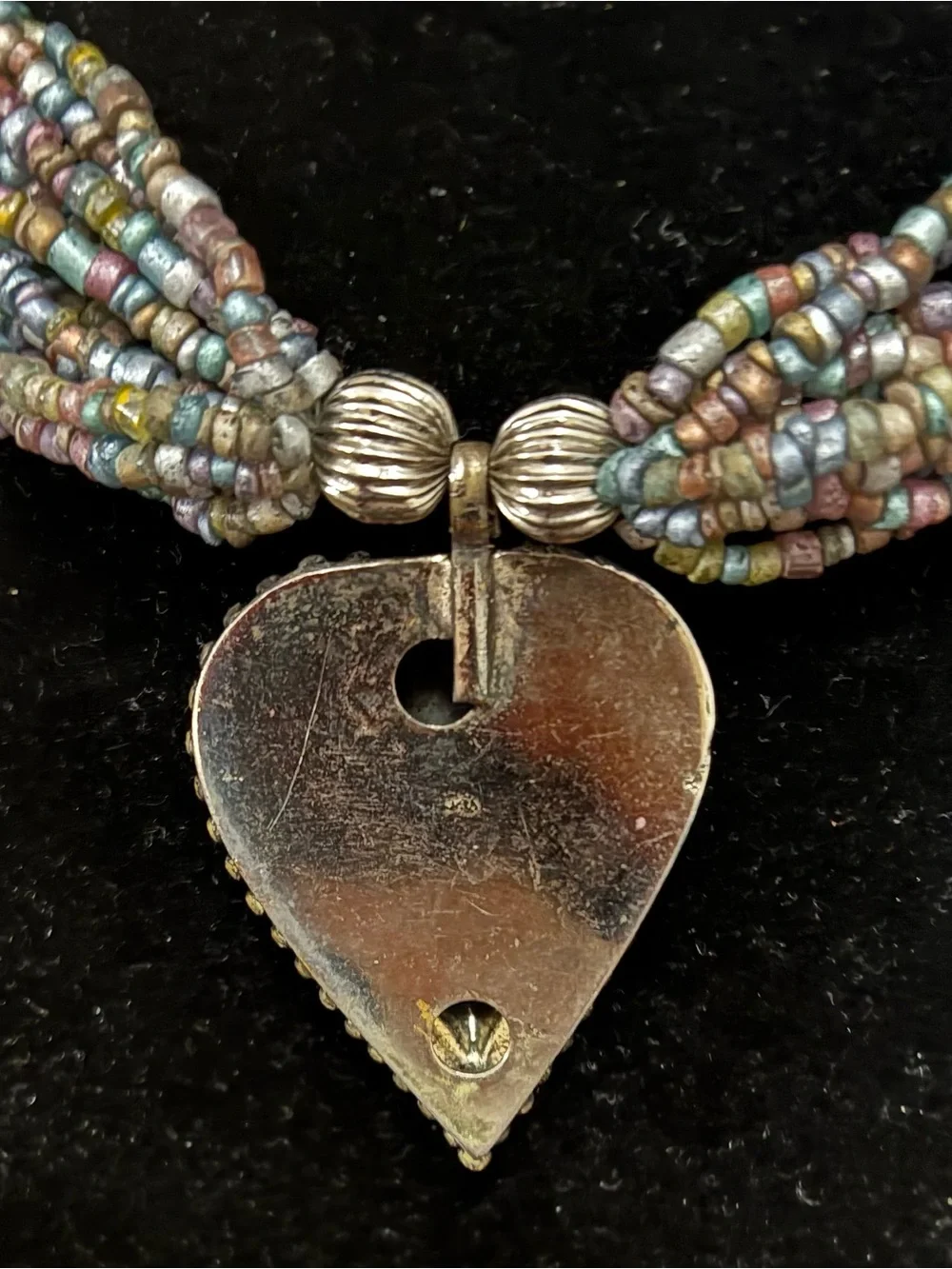 Multi-Strand EUC Seed Beaded Necklace with Heart Pendant SilverTone